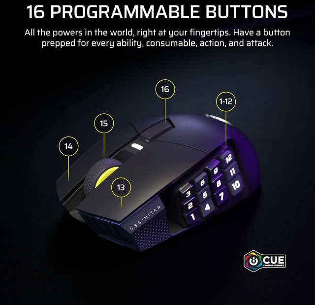Alt view image 5 of 13 - Corsair Scimitar Elite Wireless SE MMO Gaming Mouse – 33000 DPI, 16 Programmable Buttons, Adjustable Key Slider, Elgato Stream Deck Integration, 1000Hz Polling, Up to 150hrs Battery – Gunmetal