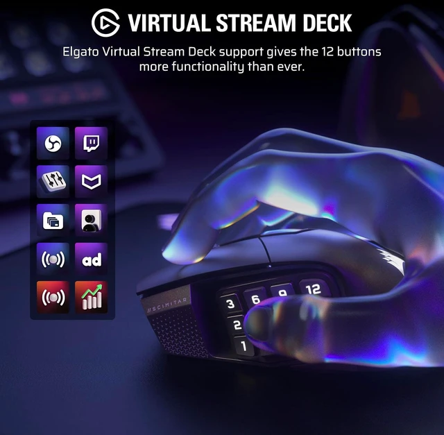 Alt view image 3 of 13 - Corsair Scimitar Elite Wireless SE MMO Gaming Mouse – 33000 DPI, 16 Programmable Buttons, Adjustable Key Slider, Elgato Stream Deck Integration, 1000Hz Polling, Up to 150hrs Battery – Gunmetal