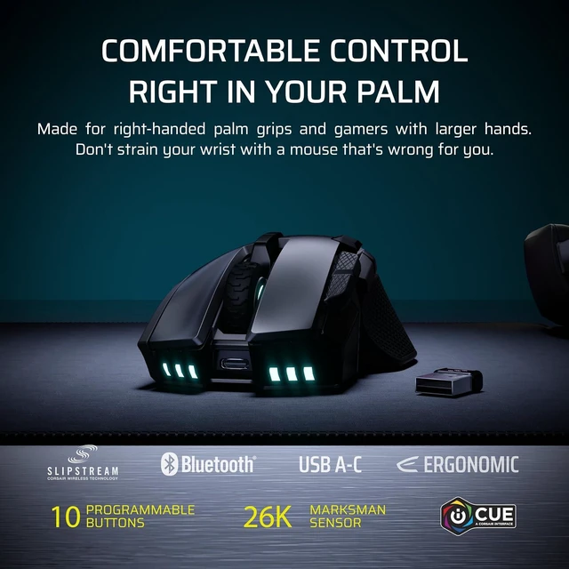 Alt view image 2 of 12 - Corsair IRONCLAW Wireless SE Gaming Mouse, Tri-Mode Connectivity, 26,000 DPI MARKSMAN Opticl Sensor, 10 Programmable Buttons, RGB Lighting, Ergonomic Right-Handed Palm Grip, Black