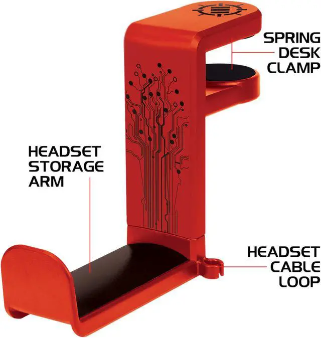 Alt view image 3 of 4 - ENHANCE PC Gaming Headset Hanger Mount - Headphones Stand with Adjustable 360 Rotating Arm, Under Desk Clamp On Design, Universal Fit, and Built In Cable Clip Organizer - Red