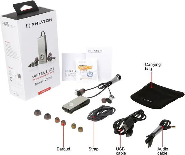 Alt view image 10 of 10 - Phiaton BT 220 NC Active Noise Cancelling Wireless Bluetooth Earphones - Long Lasting Battery Life, Pocket Clip, and Everplay-X Tether Cable