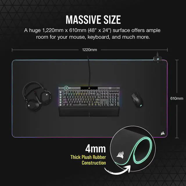 Alt view image 5 of 11 - CORSAIR MM700 RGB Extended 3XL Cloth Gaming Mouse Pad / Desk Mat - Massive 1,220mm x 610mm (48” x 24”)  Cloth Surface - 360° Three-Zone RGB Lighting - Two USB Ports, CH-9417080-WW