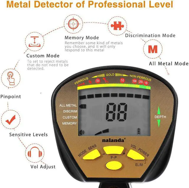 Alt view image 5 of 8 - Nalanda 18 kHz Metal Detector with 5 Detection Modes, Outdoor Gold Digger Handheld Metal Finder with Adjustable Sensitivity Waterproof Search Coil LCD Display (Foldable Shovel Included)