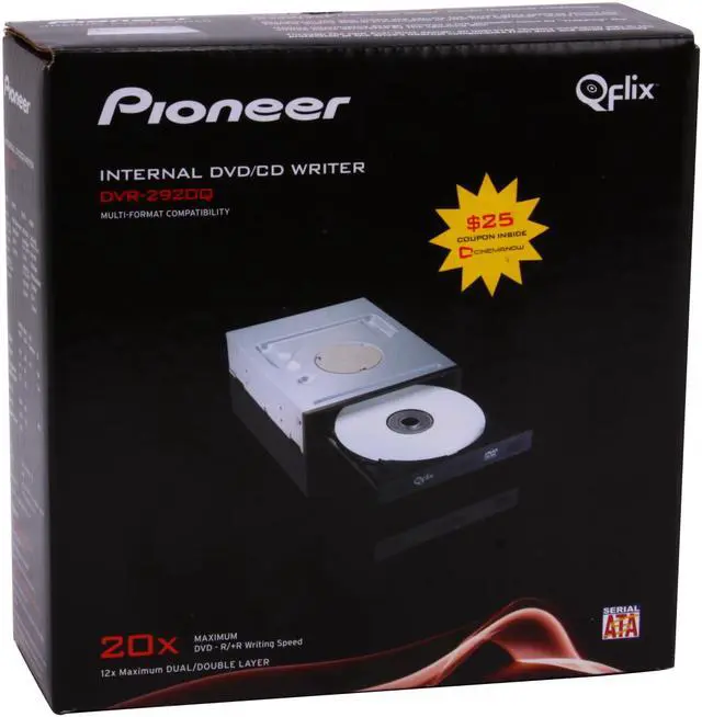 Alt view image 6 of 6 - Pioneer Black Qflix 20X DVD+R 8X DVD+RW 12X DVD+R DL 20X DVD-R 6X DVD-RW 12X DVD-RAM 16X DVD-ROM 40X CD-R 32X CD-RW 40X CD-ROM 2MB Cache SATA 20X DVD±R Burner
