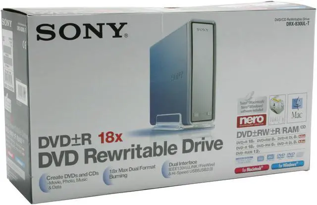Alt view image 9 of 9 - SONY Gray 18X DVD+R 8X DVD+RW 8X DVD+R DL 18X DVD-R 6X DVD-RW 12X DVD-RAM 16X DVD-ROM 48X CD-R 32X CD-RW 48X CD-ROM 2MB Cache Hi-speed USB 2.0 & i.LINK External DVD Burner Model DRX-830UL-T