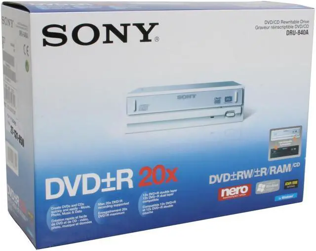Alt view image 6 of 6 - SONY 20X DVD±R DVD Burner with 12X DVD-RAM 20X DVD+R 12X DVD+RW 12X DVD+R DL 20X DVD-R 6X DVD-RW 16X DVD-ROM 48X CD-R 32X CD-RW 48X CD-ROM White P-ATA Model DRU840A