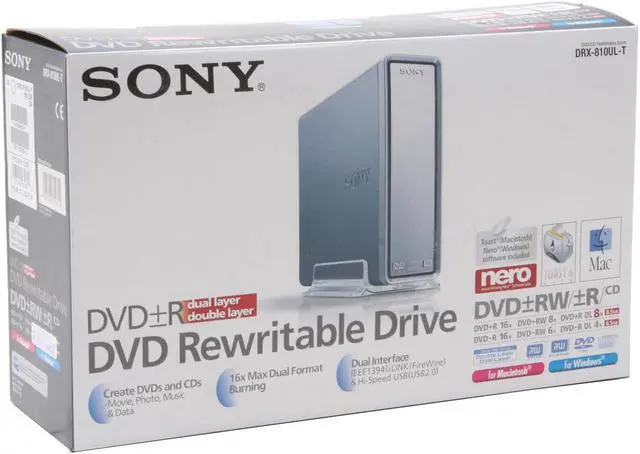Alt view image 5 of 5 - SONY Silver 16X DVD+R 8X DVD+RW 8X DVD+R DL 16X DVD-R 6X DVD-RW 16X DVD-ROM 48X CD-R 32X CD-RW 48X CD-ROM 2M Cache USB 2.0 / i.LINK External DVD Burner Model DRX-810UL/T