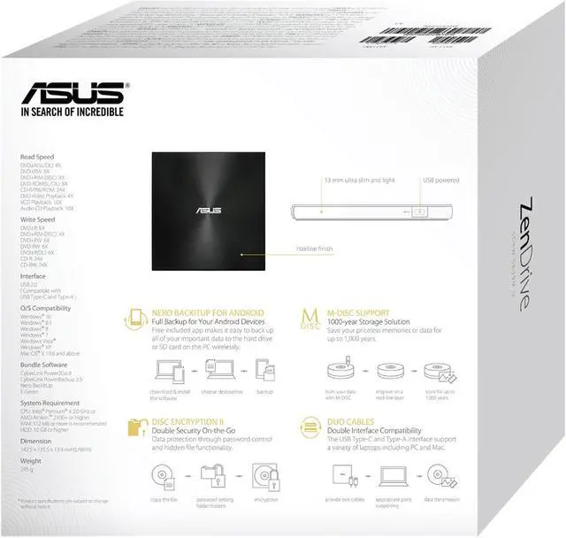Alt view image 6 of 6 - ASUS USB 2.0 External CD/DVD Drive Model SDRW-08U9M-U/BLK/G/A