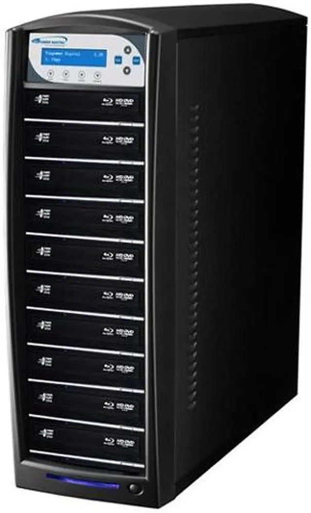 Main image of VINPOWER Black 1 to 10 16X DVD+R 8X DVD+RW 8X DVD+R DL 16X DVD-R 6X DVD-RW 40X CD-R 24X CD-RW SharkBlu BDXL / Blu-Ray / DVD / CD Disc Duplicator + USB 3.0 + 500GB HDD Model SharkBlu-S10T-XL-BK