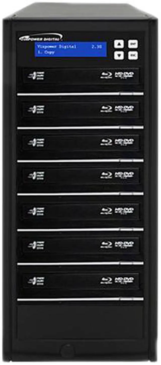 Main image of VINPOWER 1 to 7 16X DVD+R 8X DVD+RW 8X DVD+R DL 16X DVD-R 6X DVD-RW 40X CD-R 24X CD-RW Econ Series Blu-ray DVD CD Duplicator Tower with 500GB Hard Drive Model Econ-S7T-BD-BK