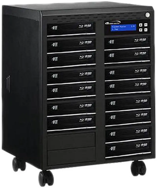 Main image of VINPOWER 1 to 15 16X DVD+R 8X DVD+RW 8X DVD+R DL 16X DVD-R 6X DVD-RW 40X CD-R 24X CD-RW Econ Series Blu-ray DVD CD Duplicator Tower with 500GB Hard Drive Model Econ-S15T-BD-BK