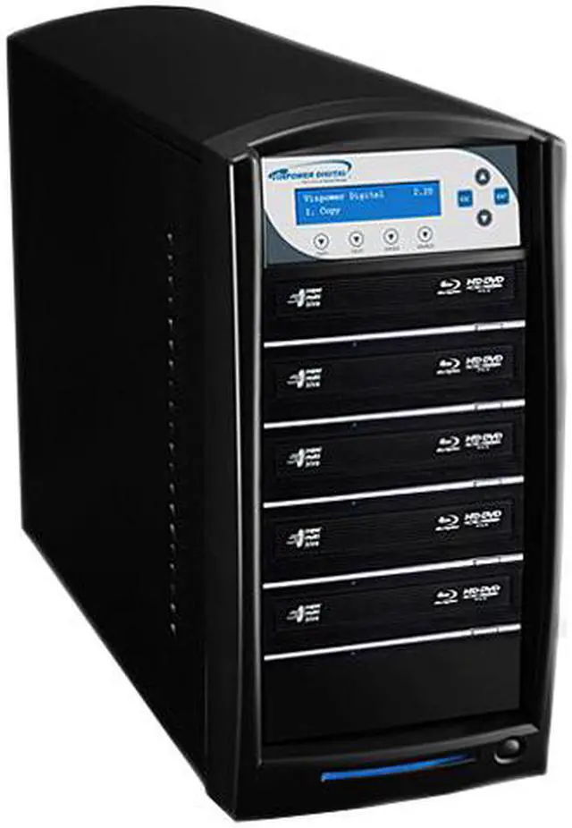 Main image of VINPOWER Black 1 to 5 16X DVD+R 8X DVD+RW 8X DVD+R DL 16X DVD-R 6X DVD-RW 40X CD-R 24X CD-RW SharkNet Blu-ray DVD CD NetWork Duplicator Tower with 500GB Hard Drive Model SharkNet-5T-BD-BK