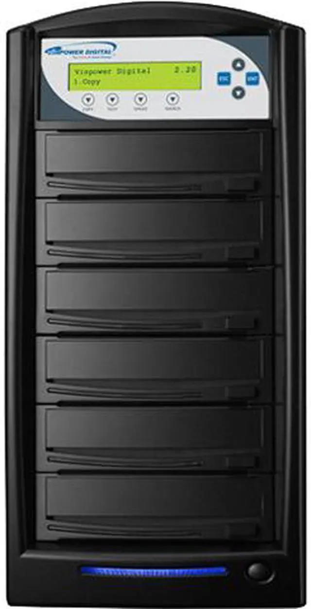 Main image of VINPOWER Black 1 to 5 12X DVD+R 8X DVD+RW 12X DVD+R DL 24X DVD-R 6X DVD-RW 40X CD-R 32X CD-RW SharkCopier DVD/CD Tower Duplicator with 320GB Hard Drive Model SHARK-S5T-BK