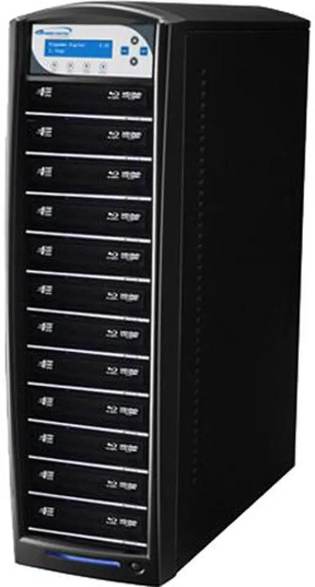 Main image of VINPOWER Black 1 to 12 16X DVD+R 8X DVD+RW 8X DVD+R DL 16X DVD-R 6X DVD-RW 40X CD-R 24X CD-RW Blu-ray DVD CD Duplicator Tower with 500GB Hard Drive + USB 3.0 + CopyConnect Model SharkBluCP-S12T-BK