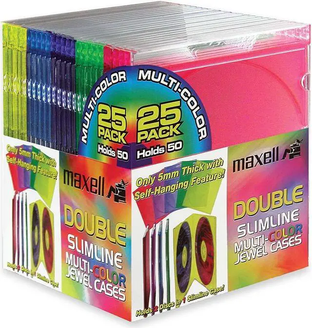 Main image of maxell 190131 Double Slimline Jewel Cases - Multi-Color - 25 Packs