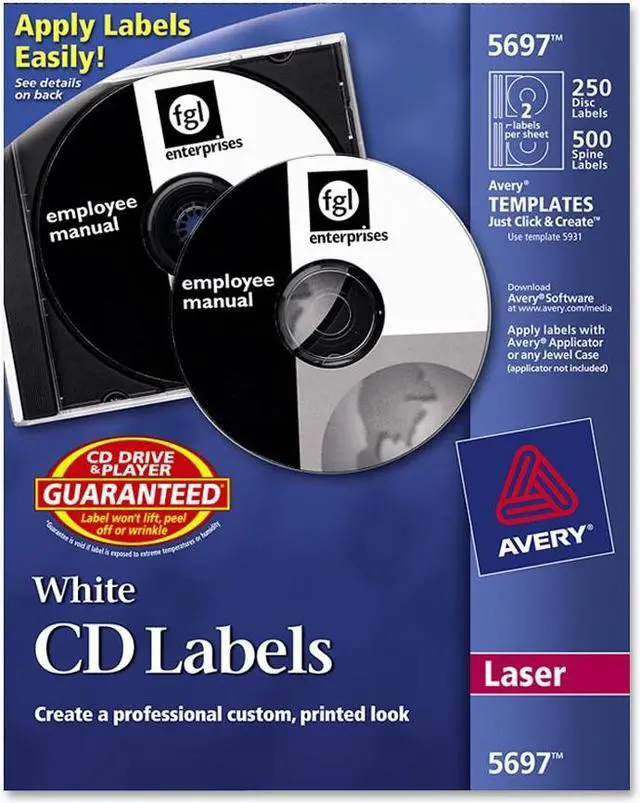 Alt view image 2 of 2 - Avery CD Labels, Print to the Edge, Permanent Adhesive, 250 Disc Labels and 500 Spine Labels (5697)