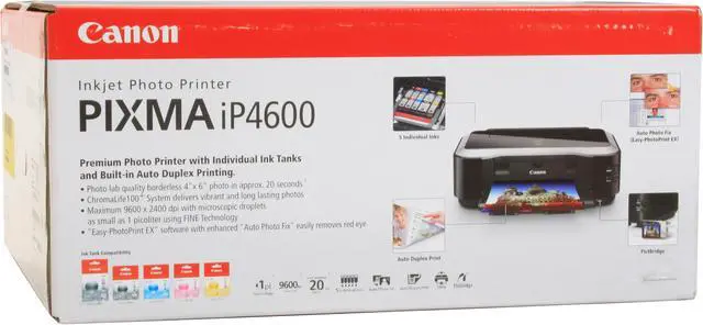 Alt view image 18 of 18 - Canon PIXMA iP4600 2909B002 Up to 26 ppm Black Print Speed 9600 x 2400 dpi Color Print Quality USB InkJet Photo Color Printer