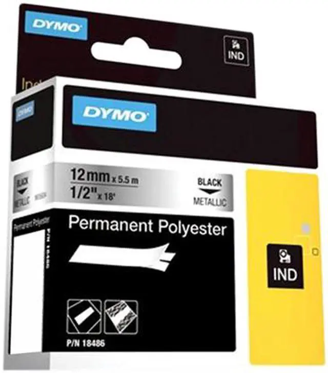 Main image of Dymo 18486 Industrial Strength Permanent Polyester Labels 1/2" x 18 ft - Black on Metallic
