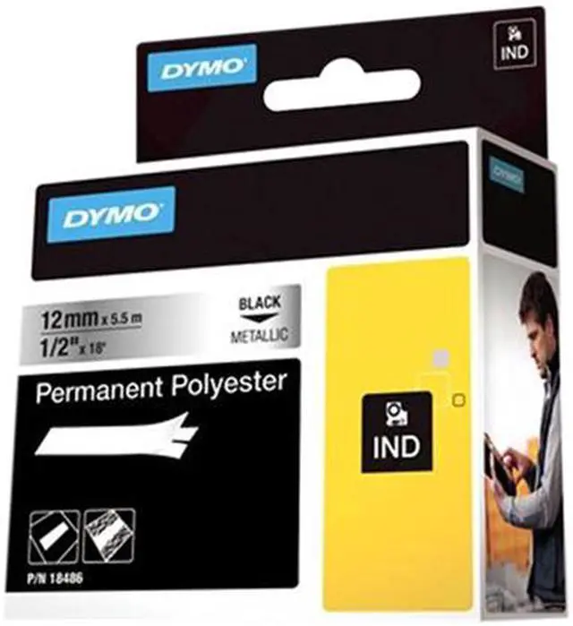 Alt view image 3 of 3 - Dymo 18486 Industrial Strength Permanent Polyester Labels 1/2" x 18 ft - Black on Metallic