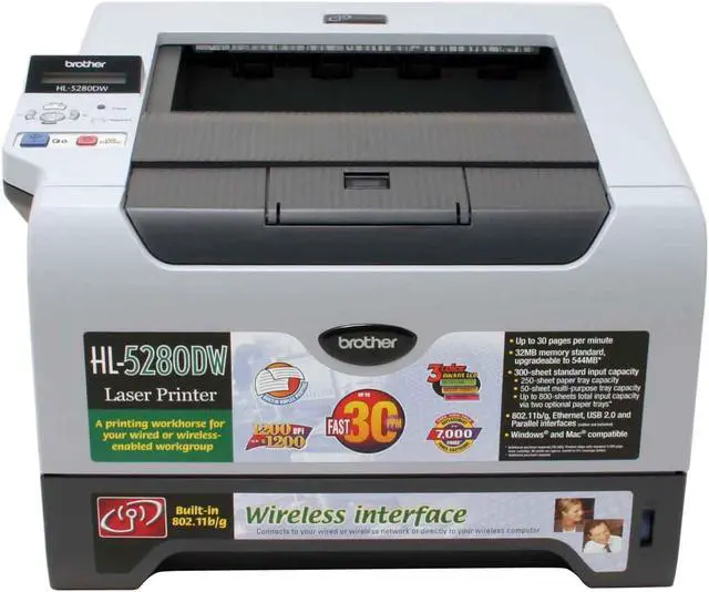 Alt view image 3 of 12 - Brother HL-5280DW Workgroup Up to 30ppm; up to 13 sides per minute in duplex mode Monochrome Ethernet (RJ-45) / LPT / USB / Wi-Fi Laser Printer