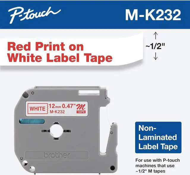 Alt view image 2 of 2 - Brother 12mm (1/2") Red on White Non-Laminated Tape (8m/26.2') (1/Pkg)