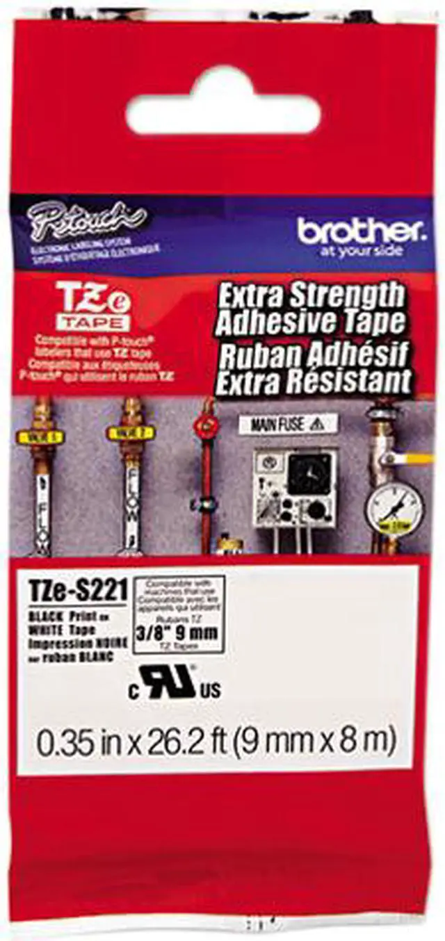 Main image of Brother 9mm (3/8") Black on White Extra Strength Super Adhesive Industrial Tape (8m/26.2') (1/Pkg)