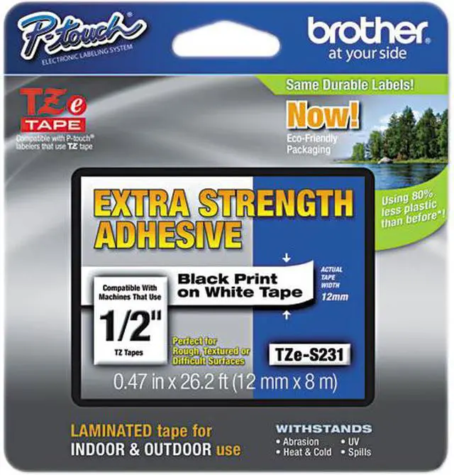 Main image of Brother TZES231 12mm (0.47") Black on White Tape with Extra Strength Adhesive 8m (26.2 ft)