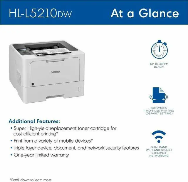 Alt view image 5 of 8 - Brother HL HL-L5210DW Desktop Wireless Laser Printer - Monochrome - 48 ppm Mono - 1200 x 1200 dpi Print - Automatic Duplex Print - 350 Sheets Input - Ethernet - Wireless LAN