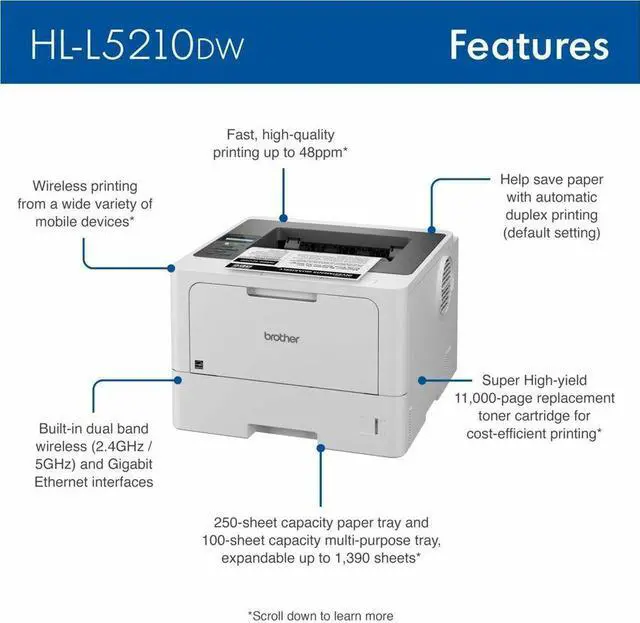 Alt view image 6 of 8 - Brother HL HL-L5210DW Desktop Wireless Laser Printer - Monochrome - 48 ppm Mono - 1200 x 1200 dpi Print - Automatic Duplex Print - 350 Sheets Input - Ethernet - Wireless LAN
