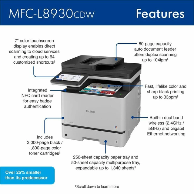 Alt view image 4 of 4 - Brother MFC-L8930CDW Business Color Laser All-in-One Printer with Duplex Printer - 33ppm color / black- 2400 x 600 dpi Print - Gigabit Ethernet - USB 2.0 - Wi-Fi Direct