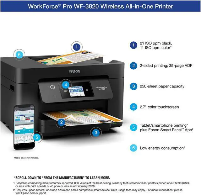 Alt view image 5 of 8 - Epson WorkForce Pro WF-3820 Wireless All-in-One Inkjet Printer