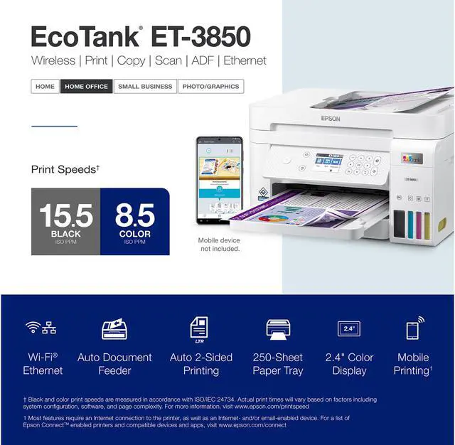 Alt view image 3 of 8 - Epson EcoTank ET-3850 Wireless Color All-in-One Cartridge-Free Supertank Printer with Scanner, Copier, ADF and Ethernet