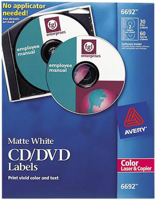 Main image of Avery Matte White CD Labels for Color Laser Printers and Copiers 6692, 30 Disc Labels and 60 Spine Labels