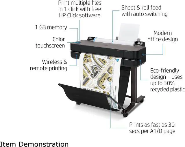 Alt view image 3 of 7 - HP DesignJet T630 Large Format Wireless Plotter Printer - 24", with Mobile Printing (5HB09A)