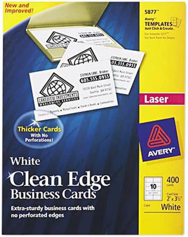 Main image of Avery 5877 Clean Edge Laser Business Cards, 2 x 3 1/2, White, 10/Sheet, 400/Box