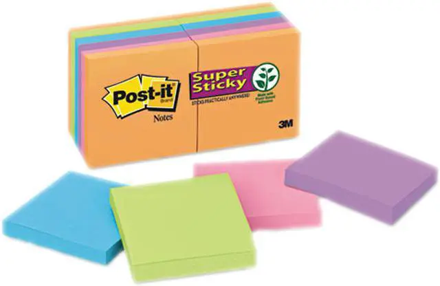 Main image of Post-it Notes Super Sticky 654-12SSAN Super Sticky Notes, 3 x 3, Five Electric Glow Colors, 12 90-Sheet Pads/Pack