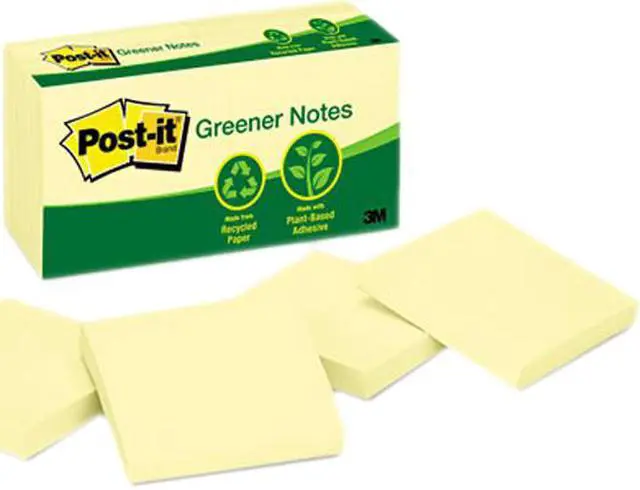 Main image of Post-it Greener Notes 654-RP-YW Recycled Notes, 3 x 3, Canary Yellow, 12 100-Sheet Pads/Pack