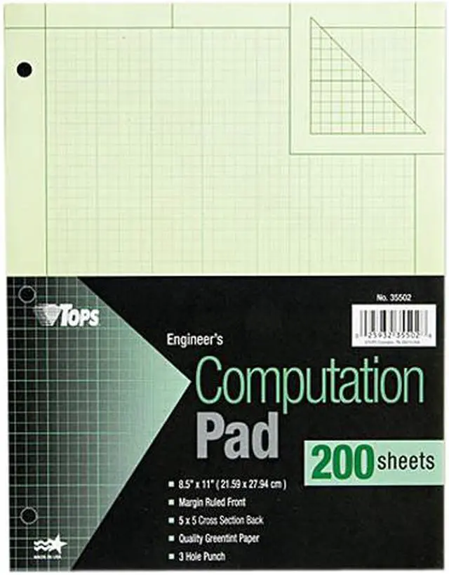 Main image of Tops 35502 Engineering Computation Pad, Quadrille Rule, Letter, Green, 200 Sheets/Pad