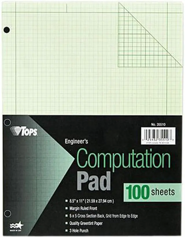 Main image of Tops 35510 Engineering Computation Pad, 5 Squares, Quad Rule, Ltr, Green, 100-Sheet/Pad