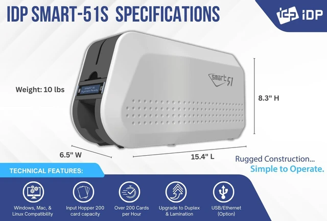 Alt view image 5 of 6 - IDP SMART-51S ID Card Printer EZLoad Kit: Includes Printer, Color Ribbon, 100 Cards and Software (17 sec/card YMCKO) (5 sec/card Mono) (300 dpi Color/1200 dpi Mono) (USB) - 651398KEZ
