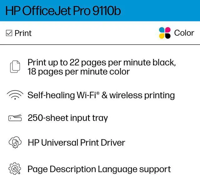 Alt view image 2 of 20 - HP OfficeJet Pro 9110b Printer, Color, Printer for Home and home office, Print, Wireless; Two-sided printing; Print from phone or tablet; Touchscreen; Front USB flash drive port