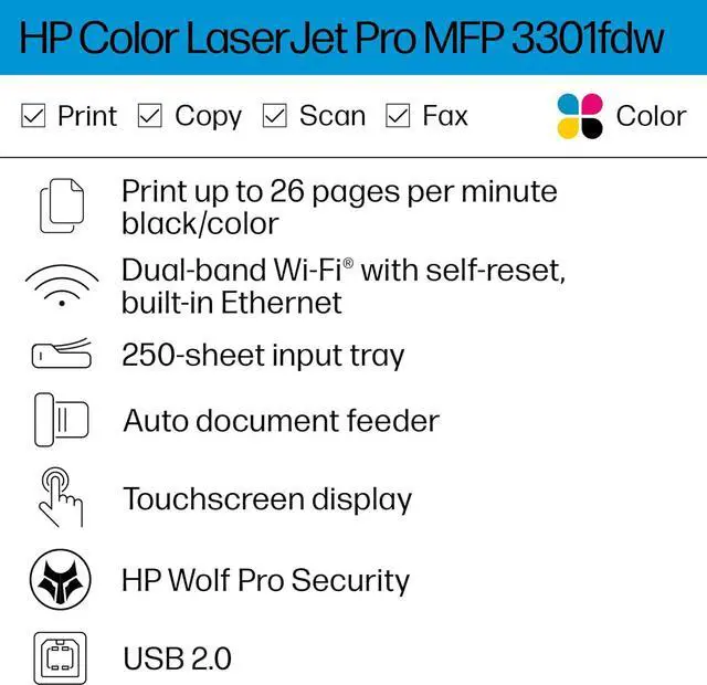 Alt view image 2 of 10 - HP Color Laserjet Pro MFP 3301fdw Wireless All-in-One Color Laser Printer, Office Printer, Scanner, Copier, Fax, ADF, Duplex, Best-for-Office (499Q5F)