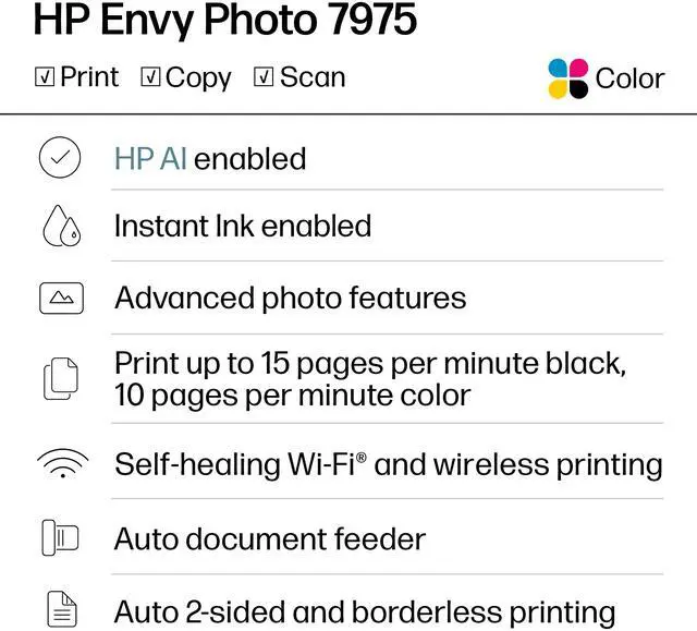 Alt view image 5 of 19 - HP Envy Photo 7975 Up to 15 ppm Black Print Speed 4800 x 1200 dpi Color Print Quality USB / Wi-Fi Thermal Inkjet MFC / All-In-One Color All-in-One Printer