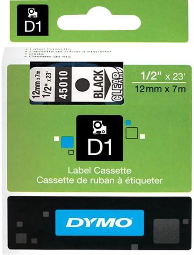 Main image of Dymo 45010 Black on Clear D1 Label Tape 0.50" Width x 23 ft Length - 1 Each - Rectangle - Polyester - Thermal Transfer - Clear