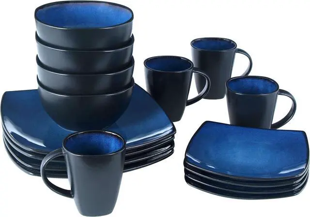 Alt view image 3 of 5 - Gibson Soho Lounge 16 Piece Reactive Glaze Dinnerware Plates, Bowls, & Mugs, Blue