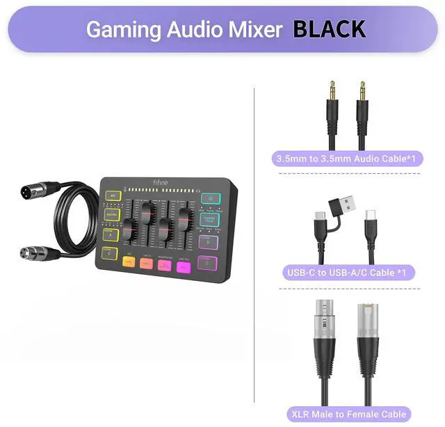 Main image of FIFINE SC3 Gaming Audio Mixer with XLR Cable Bundle, Streaming RGB PC Mixer with Microphone Cable, XLR Interface, Volume Faders, Mute Button, Computer Mic for Recording/Podcast/Vocal/Game Voice