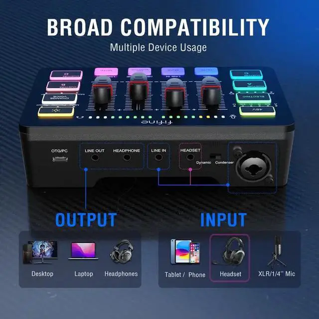 Alt view image 4 of 9 - FIFINE SC3 Gaming Audio Mixer with XLR Cable Bundle, Streaming RGB PC Mixer with Microphone Cable, XLR Interface, Volume Faders, Mute Button, Computer Mic for Recording/Podcast/Vocal/Game Voice