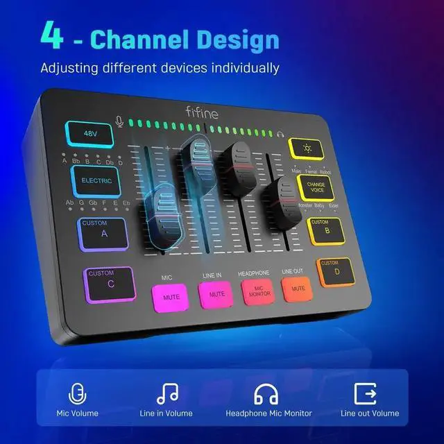 Alt view image 6 of 9 - FIFINE SC3 Gaming Audio Mixer with XLR Cable Bundle, Streaming RGB PC Mixer with Microphone Cable, XLR Interface, Volume Faders, Mute Button, Computer Mic for Recording/Podcast/Vocal/Game Voice