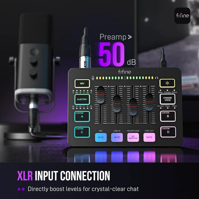 Alt view image 2 of 9 - FIFINE SC3 Gaming Audio Mixer with XLR Cable Bundle, Streaming RGB PC Mixer with Microphone Cable, XLR Interface, Volume Faders, Mute Button, Computer Mic for Recording/Podcast/Vocal/Game Voice -Black