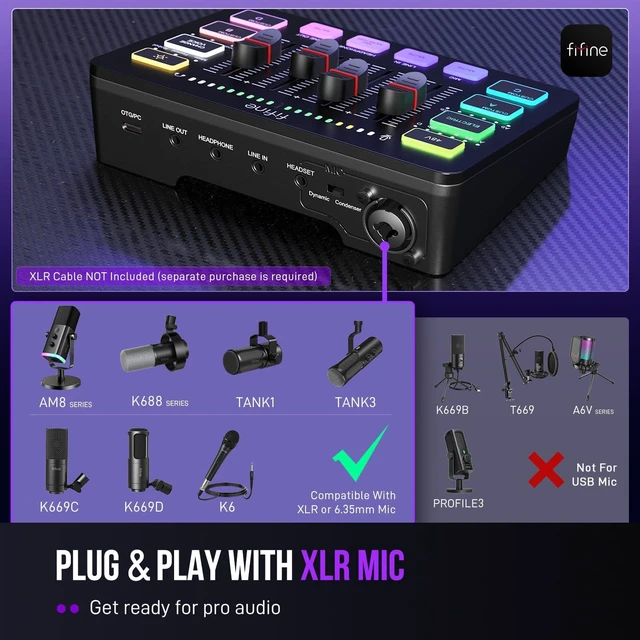 Alt view image 8 of 9 - FIFINE SC3 Gaming Audio Mixer with XLR Cable Bundle, Streaming RGB PC Mixer with Microphone Cable, XLR Interface, Volume Faders, Mute Button, Computer Mic for Recording/Podcast/Vocal/Game Voice -Black